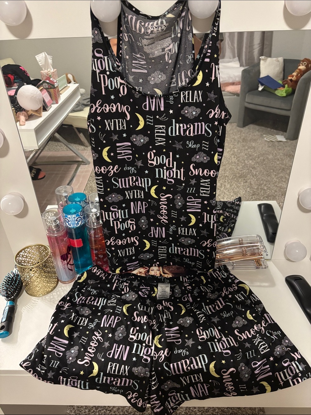 Medium women’s Sleep Tank & Shorts Set - Black with Pastel Sleep Print
